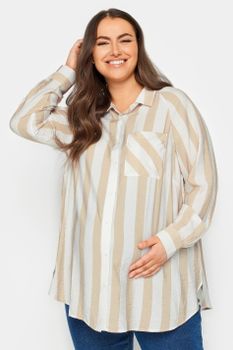 Bump It Up Maternity Camisa De Rayas Beige Con Bolsillo
