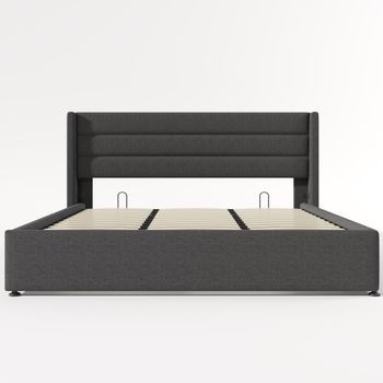 Cama Tapizada 180x200 Cm - Cama Hidráulica Con Almacenamiento, Somier De Madera Y Estructura Metálica - Gris