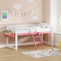 cama alta infantil 90x200 cm blanca y rosa con proteccion anticaidas