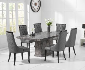Carvelle 200cm Dark Grey Pedestal Marble Dining Table with Angelica Chairs