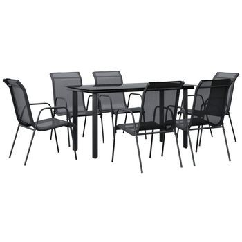 Juego De Comedor Para Jardín 7 Piezas | Mueble De Jardín Acero Y Textilene Negro