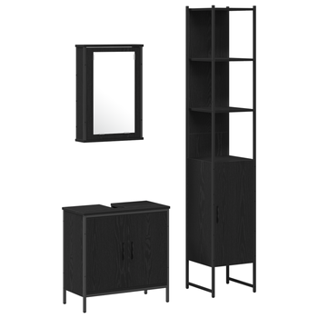Juego De Muebles De Baño | Armario De Baño 3 Piezas Negro Madera De Ingeniería