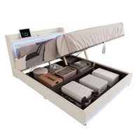 cama contenedor 160 x 200 cm con cabecero - leds y puerto usb - tela de lino - estilo contemporaneo - beige