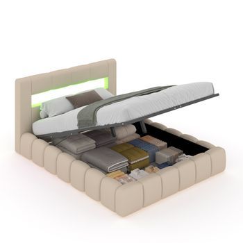 Cama Con Canapé Abatible Estilo Nube Led 160 X 200 Cm De Terciopelo Beige Omaha