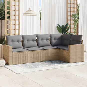 Conjunto De Sofás Jardín Con Cojines 5 Uds | Mueble Jardin Mesa Y Sillas Ratán Sintético Beige Cfw583833