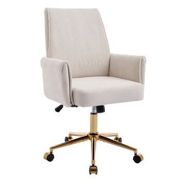 Silla De Oficina Giratoria Con Altura Ajustable, Respaldo Medio Ergonómico, Tela A Rayas Y Base De Metal Dorado