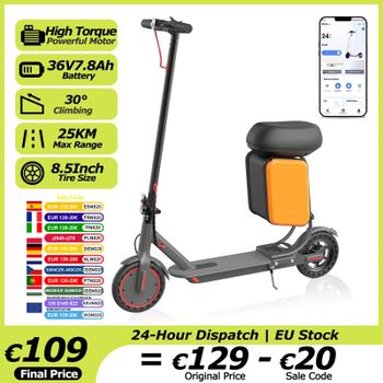 Patinete Eléctrico AOVOPRO Urban X1 con Asiento, Motor Potente de 36V 7.8Ah, 25KM de Autonomía, con Caja de Almacenamiento, 8.5 Pulgadas, con APP, Frenos Dobles