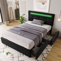 cama individual 90x200 negra tapizada led 2 cajones cabecera ajustable somier lamas madera