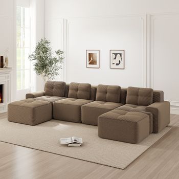 Sofá Modular De 4 Plazas Con Chaise Longue En U, Marrón Y Asiento Profundo