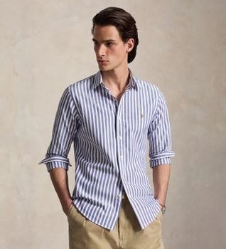 Polo Ralph Lauren para hombre. 710914027001 Camisa oxford de rayas Slim Fit azul (L), Casual, Algodón, Manga larga