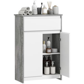 Mueble De Baño Con Cajón Y Dos Puertas De Madera Engineered Kleankin 60 X 30 X 90 Cm – Gris Y Blanco