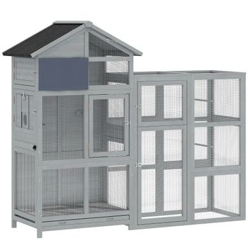 PawHut Voladera de madera con 6 posaderos compartimento cajón extraíble cuencos de acero inoxidable 196x60x164,5cm Gris