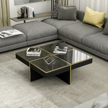 Mesa De Centro Fjerritslev Aglomerado 35 X 90 X 90 Cm Mármol Negro / Latón [en.casa]