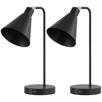 HOMCOM Pack de 2 Lámparas de Mesa Modernas de Acero con Puertos USB Casquillo E27 Bombilla no Incluida Negro   Aosom España