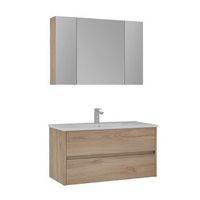 conjunto de mueble con lavabo y espejo 2 piezas  - 100 x 16 x 52 cm - roble