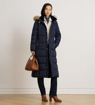 Lauren Ralph Lauren para mujer. 297P23454001 Abrigo de plumón con pelo sintético marino (S), Casual, Clásico, Poliéster