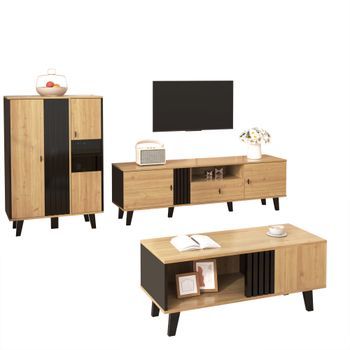 Mueble Tv 170 Cm Con Cajones Y Puertas, Mesa Tv Madera Y Negro, Tablero De Partículas, Diseño Moderno