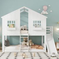cama litera tipo cabana para ninos con tobogan techo y ventana barrera de seguridad escalera de 3 peldanos pinomdf blanco 90x200cm