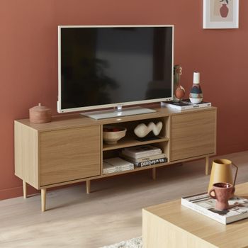 Mueble tv efecto madera con 2 niveles y 2 puertas,160cm, natural