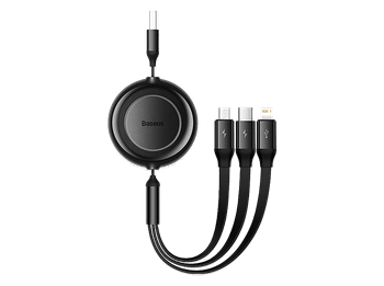 Cable USB - Baseus 3-en-1 Bright Mirror, 66W, retráctil, Carga rápida multidispositivo, USB-C a USB-C-Lightning-Micro, 110 cm, Negro