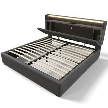 Cama Tapizada Gris 140 X 190 Cm Con Canapé Elevable, Cabecero Con Almacenaje, Led Y Usb-c
