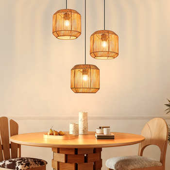 Nettlife Lámpara Colgante Boho Ratán - Luz Techo 3 Focos E27, Ajustable, Estilo Retro, Comedor Dormitorio (bombilla No Incluida)