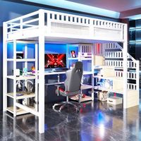 cama alta 140 x 200 cm con escritorio estantes - estructura de mdf  hierro - tira de luz led y puerto usb - blanco colchon no incluido