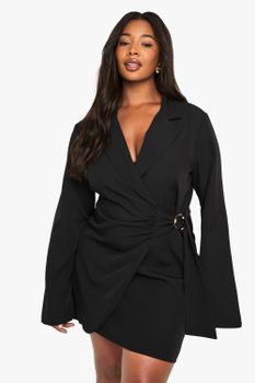 Vestido Americana Plus Entallado Con Atadura En La Cintura Y Hebilla, Negro