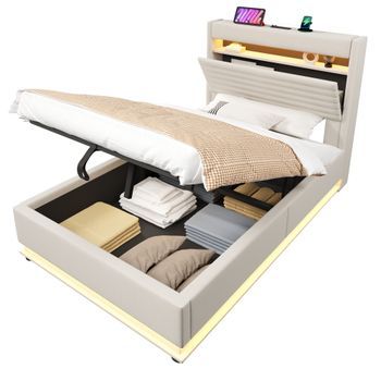 Cama De 90x200 Cm Con Puerto De Carga Usb Tipo C-led, Ropa De Cama Color Beige.