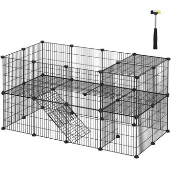 SONGMICS - Valla para animales domésticos, 2 niveles, recinto modulable, para animales pequeños, hámsters, conejos, conejillos de indias, paneles de malla, uso interior, 143 x 73 x 71 cm, Negro/Blanco