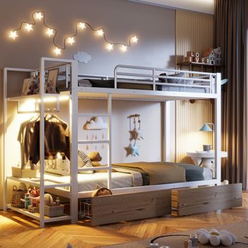 Litera 90 × 200 Cm Estructura Metal Con 2 Cajones Espacios Almacenamiento Barra Led Y Barra Ropa Blanco