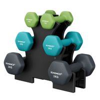 juego de mancuernas hexagonales con soporte azul verdoso y gris oscuro