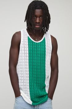 Drop Armhole Stripe Open Stitch Knitted Vest, Blanco