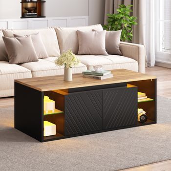 Mesa De Centro Negra Con Led, 100 X 50 X 41 Cm Y Compartimentos