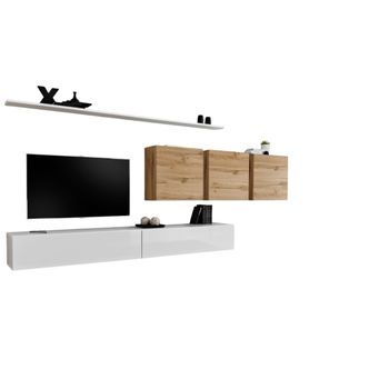 Conjunto De Muebles Para Salón Switch Vii Diseño, En Color Blanco Brillante Y Roble Wotan.