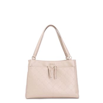 bolso shopping con bolsillos y logo estampado en toda la prenda tortora