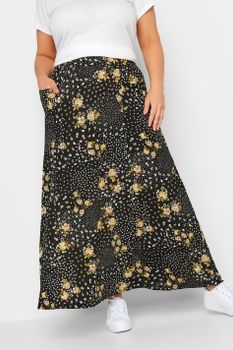 Yours Falda Negra Y Mostaza Estampada Con Bolsillos, Mujer Curvy Y Tallas Grandes, Yours