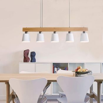 Nettlife Suspensión 5 Bombillas E27 Blanca Moderna Lámpara De Comedor De Metal Y Madera Diam.102cm Para Cocina Salón Pasillo Hotel
