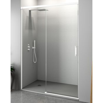 Mampara De Ducha Frontal 1 Puerta + 1 Fijo Corredera | Vidrio Templado De 6mm | Antical | 100 - 200cm | Perfilería Blanca | 145 Cm (adaptable 139-144cm) - Transparente - Blanco Mate