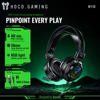 HOCO-auriculares con cable para juegos, cascos con luz RGB dinámica, reducción de ruido, micrófono para ordenador, PC, controlador de 50MM