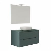 kibath mueble de bano con lavabo espejo y aplique led boreal 100x45 cm sobre encimera acabado azul oceano mate 2 cajones suspendido