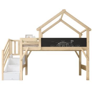 Litera Infantil 90x200 Cama Casita Con Techo, Pizarra Y Almacenaje, Madera, Blanco Y Natural