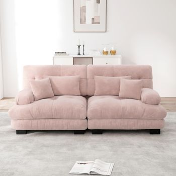 Sofá Esquinero De Dos Plazas, Color Nube, Chenilla, Con Cojines Lumbares Y Decorativos, Estructura De Madera Maciza, Para Salón, Rosa.