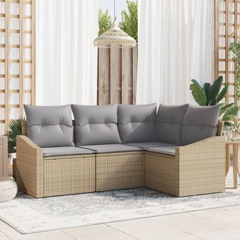 Conjunto De Sofás De Jardín De 4 Piezas Con Cojines Beige De Ratán Poli V2867 Unico / Beige
