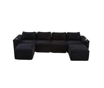 Sofá modular 4 plazas de pana - con 2 pufs, portavasos, bolsillos laterales, muelles ensacados y espuma de alta densidad, embalaje compacto sin montaje - negro