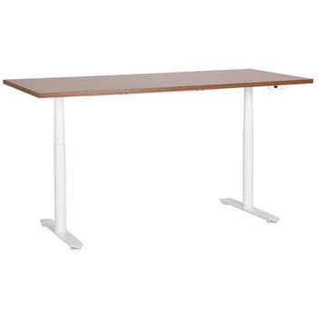 Escritorio De Altura Regulable Eléctrico Diseño Moderno Patas Redondas 180 X 80 Cm Tablero Madera Oscura Soporte De Acero Blanco Destinas