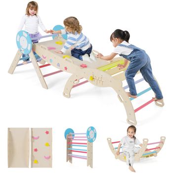 Costway Conjunto Triangular 8 en 1 Juguetes de Escalada para Bebés con Rampa Escalera y Arco Escalada Montessori de Madera con Tema Multicolor