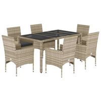 set de comedor jardin 7 piezas y cojines ratan pe y vidrio gris vidaxl