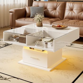 Mesa De Centro Elevable Blanca Con Led, 78 X 78 Cm Y Altura Hasta 59,5 Cm