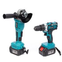 set de 2 herramientas electricas con taladro y radial angular 21v doble bateria 13000 mah 39x11x28 cm color azul